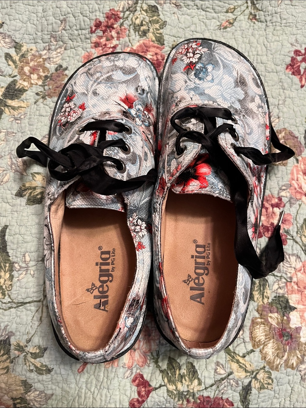 Alegria Floral Lace-Up Oxfords in white with Red & Blue floral Details